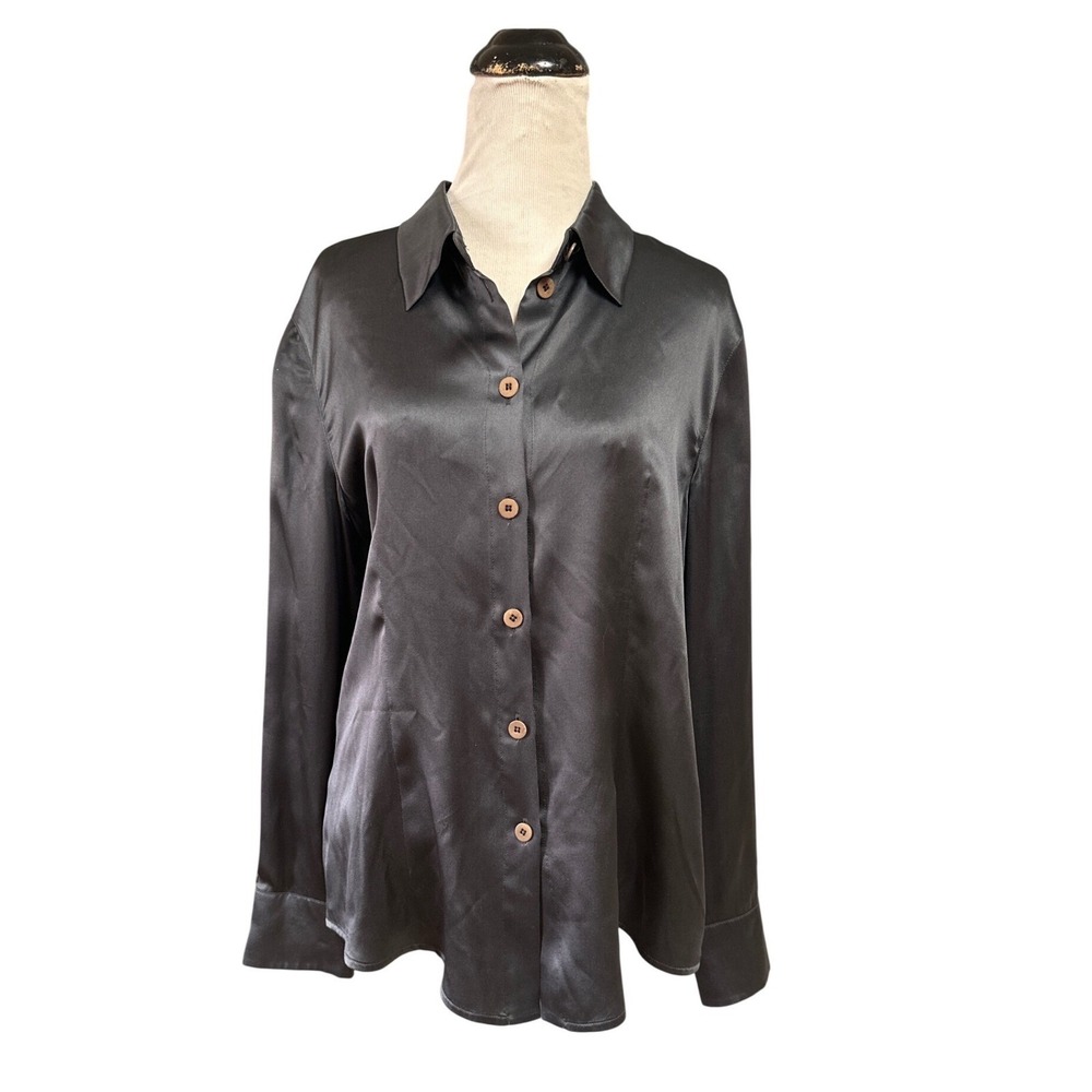 Giorgio Armani Silk Satin Button Front Blouse Blue Vintage Italian Designer 12